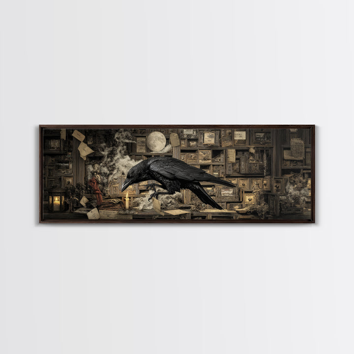 The Raven Post Office, Medieval Grotesque Art, Extra Wide Wall Art, Dark Halloween Decor, Framed Canvas Print, Halloween Wall Art