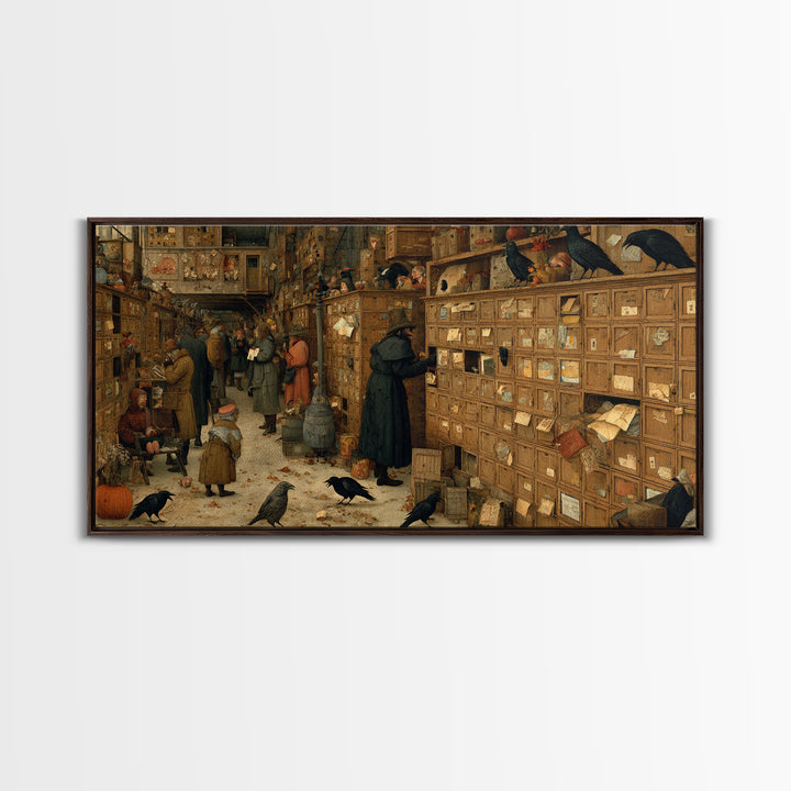 The Raven Post Office, Northern Renaissance Horror, Wide Panoramic Art, Dark Fantasy Wall Art, Framed Canvas Print
