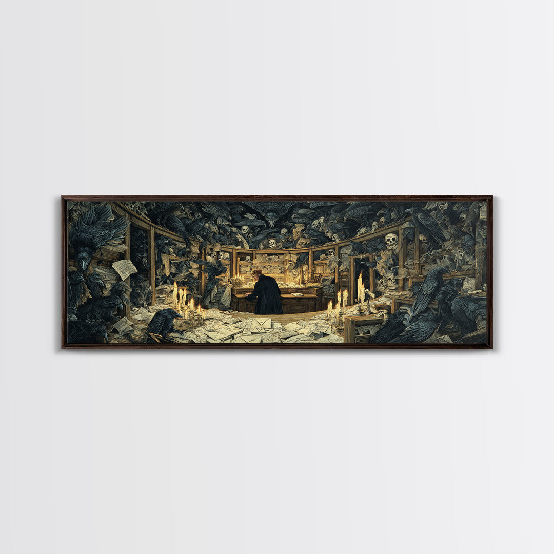 The Raven Post Office, Dark Renaissance Art, Extra Wide Wall Art, Gothic Horror Wall Art, Framed Canvas Print, Halloween Wall Art