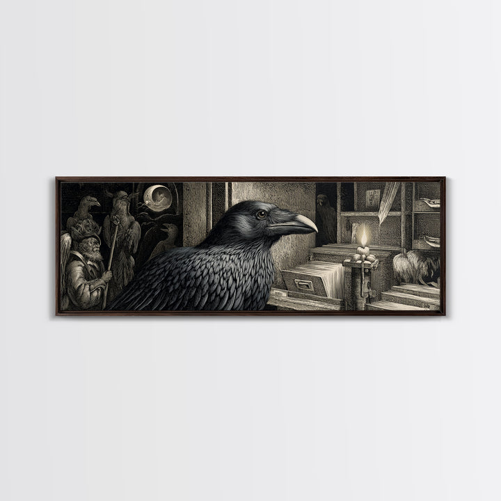 The Raven Post Office, Renaissance Engraving Art, Extra Wide Wall Art, Gothic Horror Wall Art, Framed Canvas Print, Halloween Wall Art