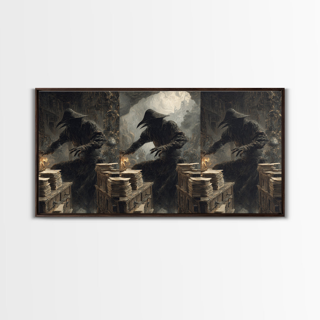 The Raven Post Office, Baroque Witchcraft Art, Wide Panoramic Art, Macabre Wall Art, Framed Canvas Print, Halloween Wall Art