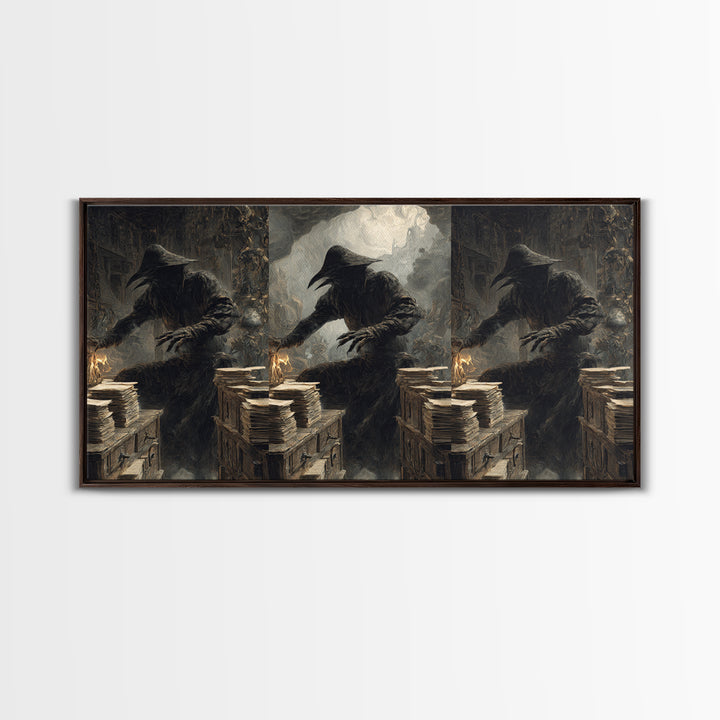 The Raven Post Office, Baroque Witchcraft Art, Wide Panoramic Art, Macabre Wall Art, Framed Canvas Print, Halloween Wall Art