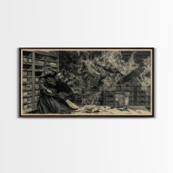 The Raven Post Office, Dark Romantic Horror Art, Wide Panoramic Art, Dark Fantasy Wall Art, Canvas Print, Halloween Wall Art