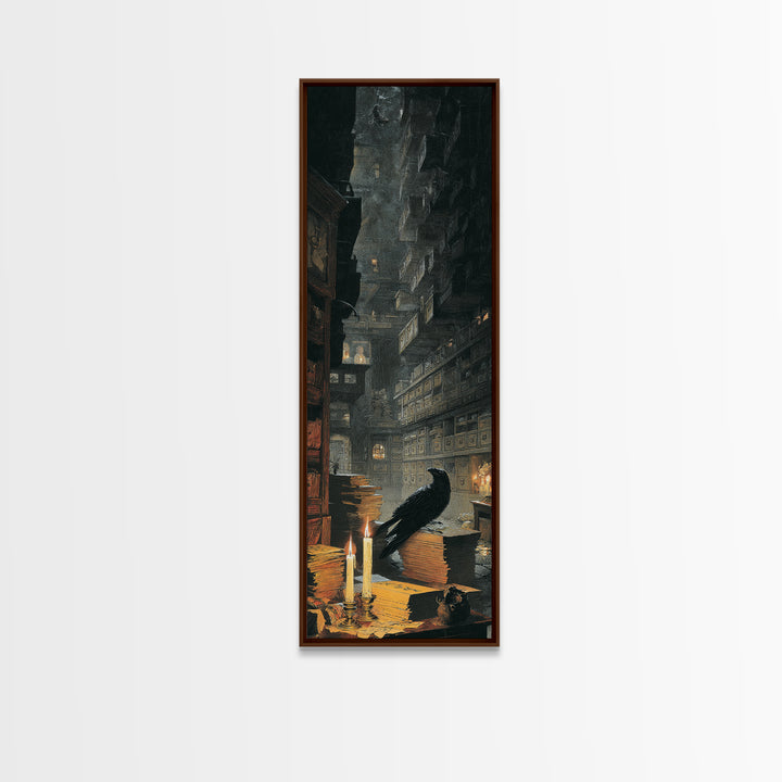 The Raven Post Office, Architectural Etching Art, Tall Narrow Wall Art, Dark Halloween Decor, Framed Canvas Print
