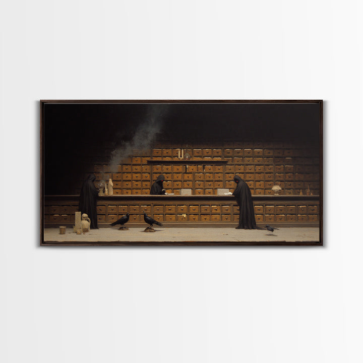 The Raven Post Office, Symbolist Gothic Landscape, Wide Panoramic Art, Macabre Wall Art, Framed Canvas Print, Halloween Wall Art