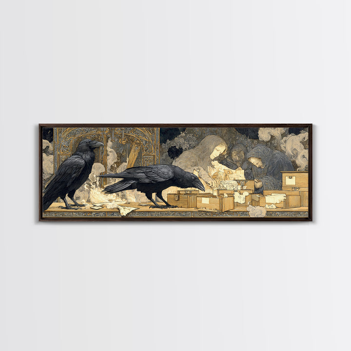The Raven Post Office, Symbolist Death Art, Extra Wide Wall Art, Dark Halloween Decor, Framed Canvas Print, Halloween Wall Art