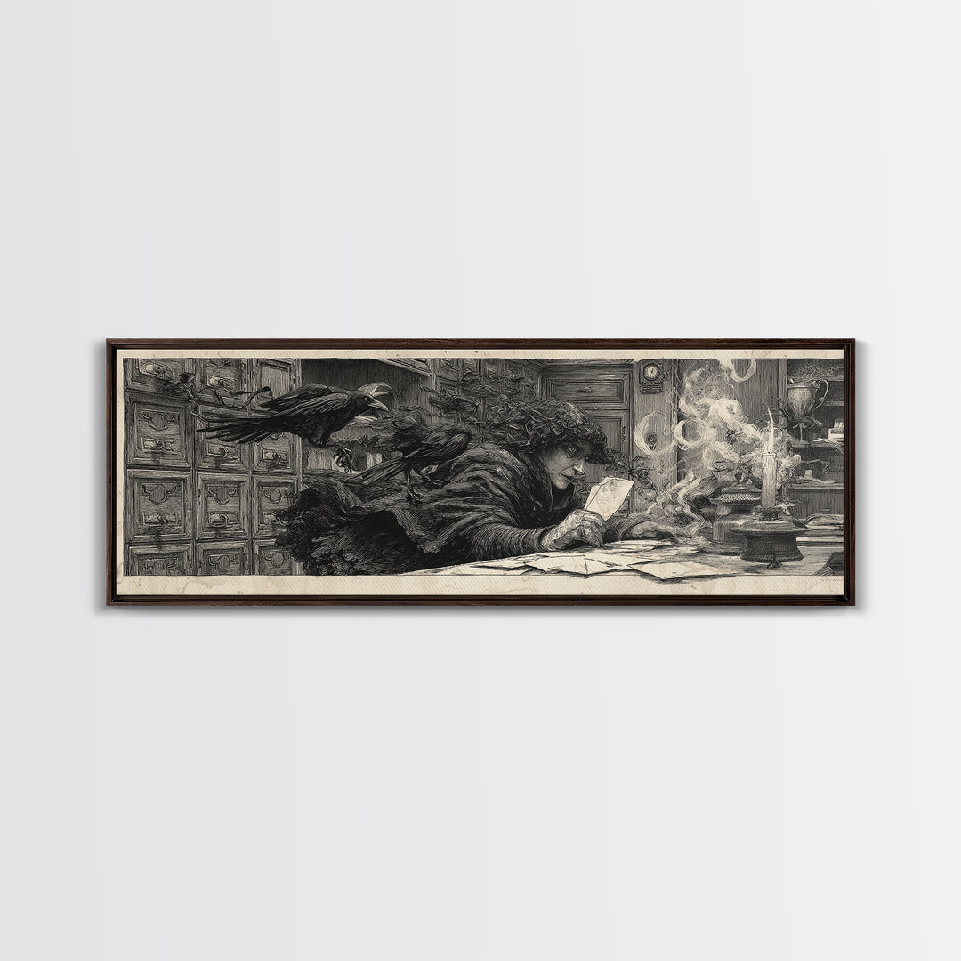 The Raven Post Office, Symbolist Etching Art, Extra Wide Wall Art, Dark Fantasy Wall Art, Canvas Print, Halloween Wall Art