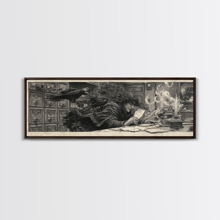 The Raven Post Office, Symbolist Etching Art, Extra Wide Wall Art, Dark Fantasy Wall Art, Canvas Print, Halloween Wall Art