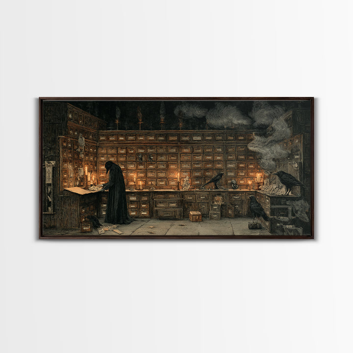 The Raven Post Office, Expressionist Nightmare Art, Wide Panoramic Art, Dark Fantasy Wall Art, Framed Canvas Print, Halloween Wall Art
