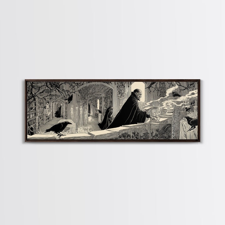 The Raven Post Office, Decadent Line Art, Extra Wide Wall Art, Macabre Wall Art, Framed Canvas Print, Halloween Wall Art