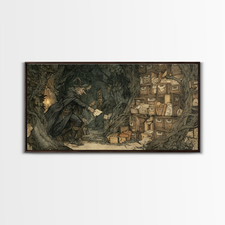 The Raven Post Office, Gothic Storybook Art, Wide Panoramic Art, Macabre Wall Art, Framed Canvas Print, Halloween Wall Art