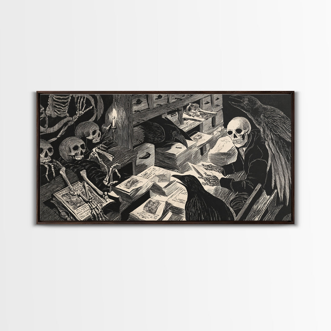 The Raven Post Office, Macabre Folk Print Art, Wide Panoramic Art, Gothic Horror Wall Art, Canvas Print, Halloween Wall Art