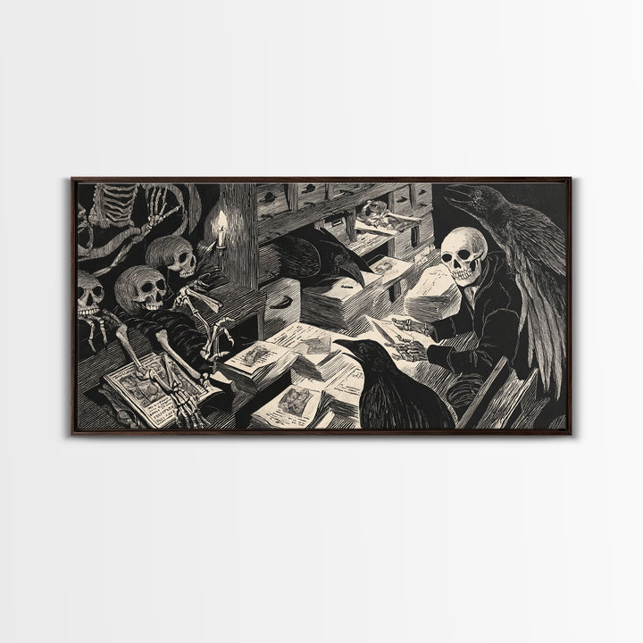 The Raven Post Office, Macabre Folk Print Art, Wide Panoramic Art, Gothic Horror Wall Art, Canvas Print, Halloween Wall Art
