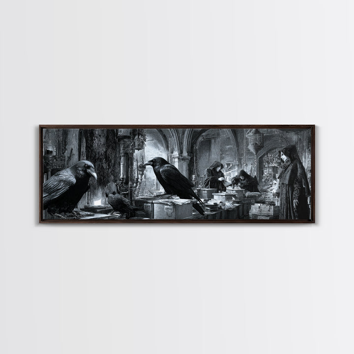 The Raven Post Office, Biomechanical Horror Art, Extra Wide Wall Art, Dark Halloween Decor, Framed Canvas Print, Halloween Wall Art
