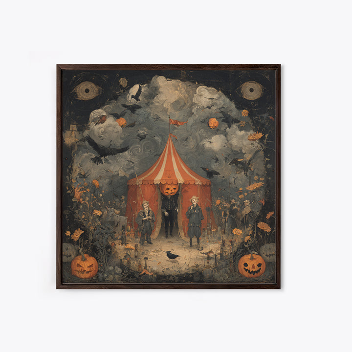 The Jack-O'-Lantern Circus, Symbolist Dream Art, Square Wall Art, Dark Halloween Decor, Framed Canvas Print, Halloween Wall Art