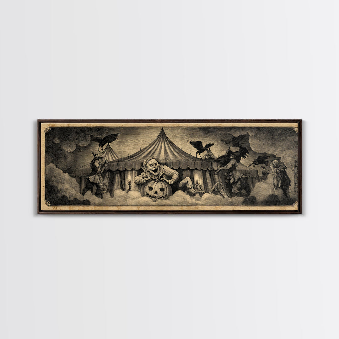 The Jack-O'-Lantern Circus, Expressionist Nightmare Art, Extra Wide Wall Art, Dark Halloween Decor, Framed Canvas Print, Halloween Wall Art