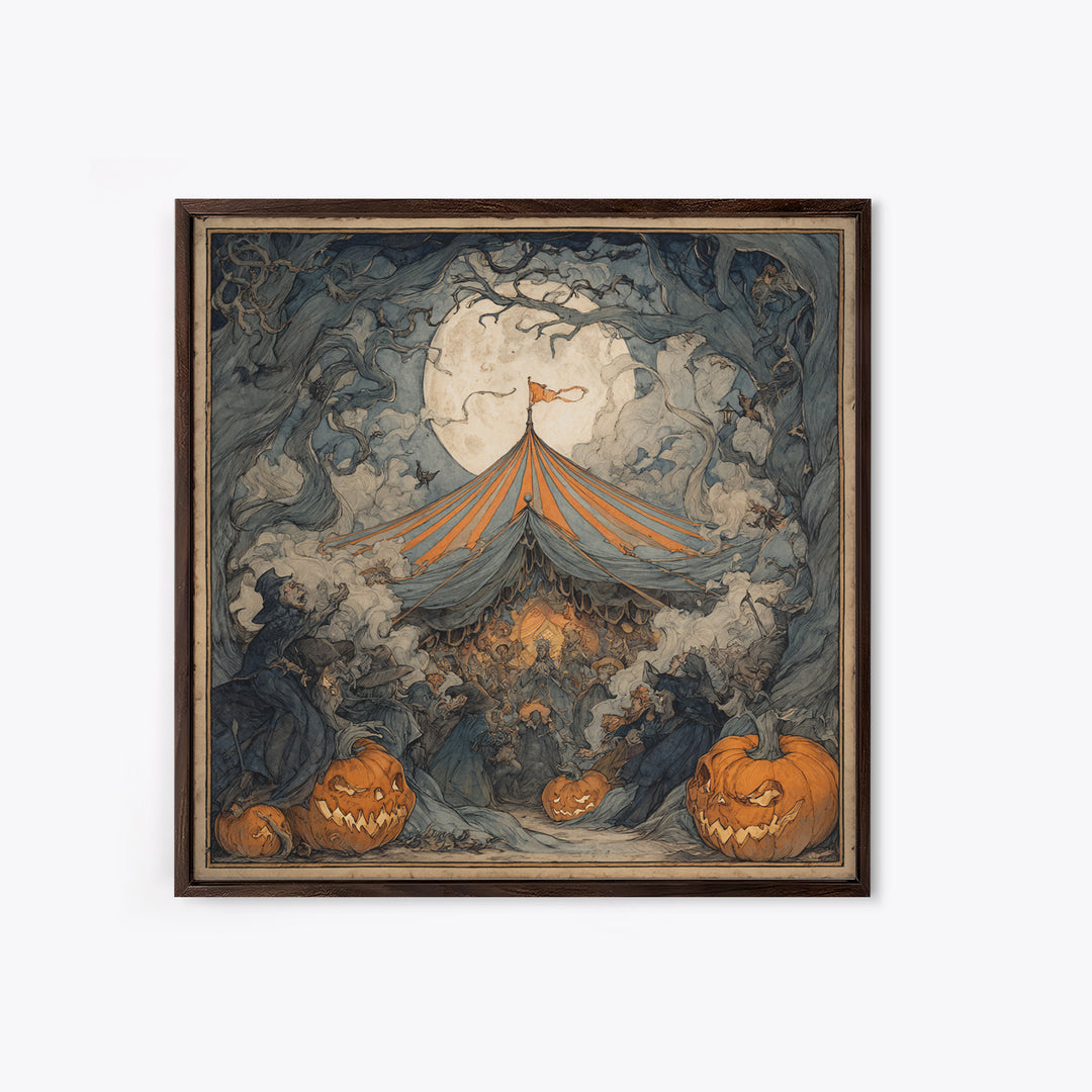The Jack-O'-Lantern Circus, Gothic Storybook Art, Square Wall Art, Dark Halloween Decor, Framed Canvas Print, Halloween Wall Art