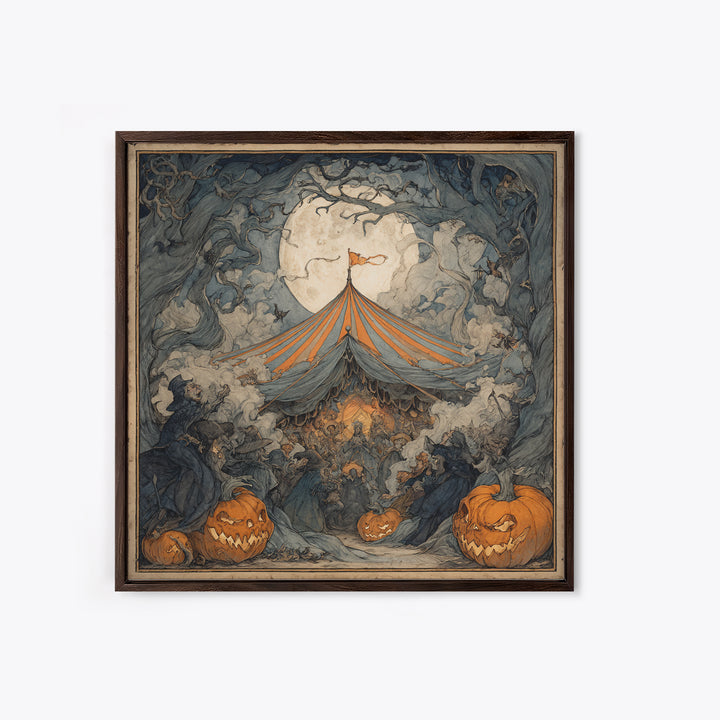 The Jack-O'-Lantern Circus, Gothic Storybook Art, Square Wall Art, Dark Halloween Decor, Framed Canvas Print, Halloween Wall Art