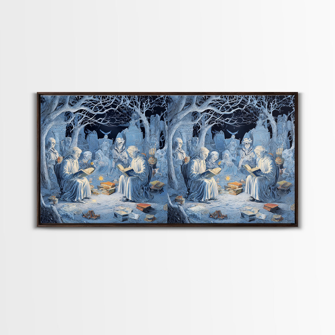 The Graveyard Book Club, Northern Renaissance Horror, Wide Panoramic Art, Macabre Wall Art, Framed Canvas Print
