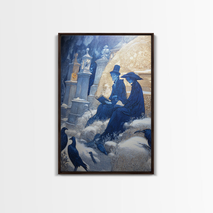 The Graveyard Book Club, Symbolist Death Art, Vertical Wall Art, Macabre Wall Art, Framed Canvas Print, Halloween Wall Art