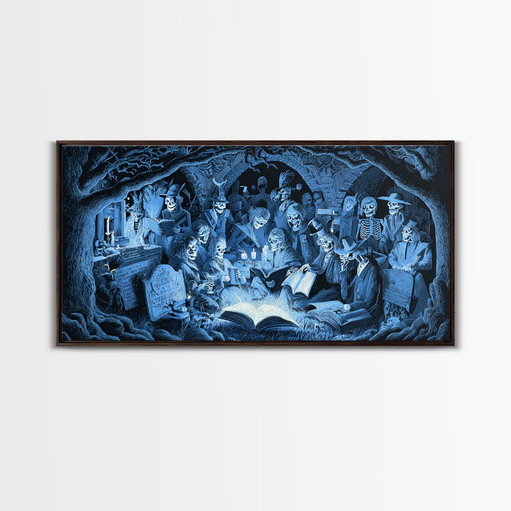 The Graveyard Book Club, Macabre Folk Print Art, Wide Panoramic Art, Macabre Wall Art, Canvas Print, Halloween Wall Art