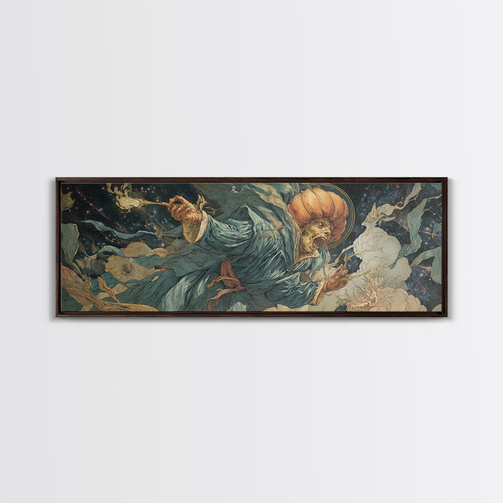 The Cosmic Pumpkin God, Dark Renaissance Art, Extra Wide Wall Art, Macabre Wall Art, Framed Canvas Print, Halloween Wall Art