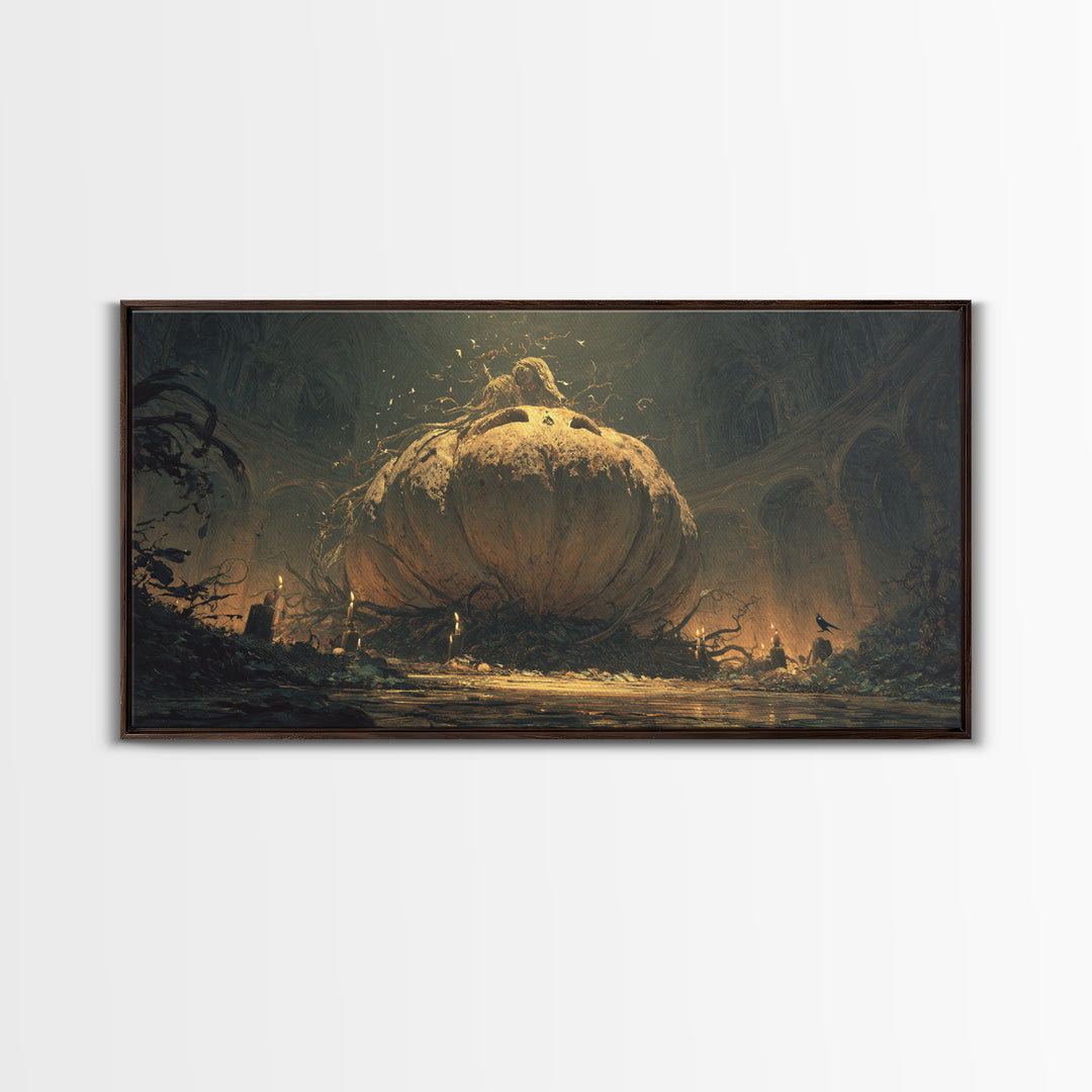 The Cosmic Pumpkin God, Dark Romantic Horror Art, Wide Panoramic Art, Gothic Horror Wall Art, Framed Canvas Print, Halloween Wall Art