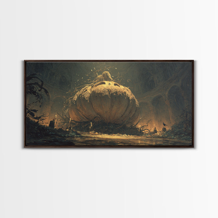 The Cosmic Pumpkin God, Dark Romantic Horror Art, Wide Panoramic Art, Gothic Horror Wall Art, Framed Canvas Print, Halloween Wall Art