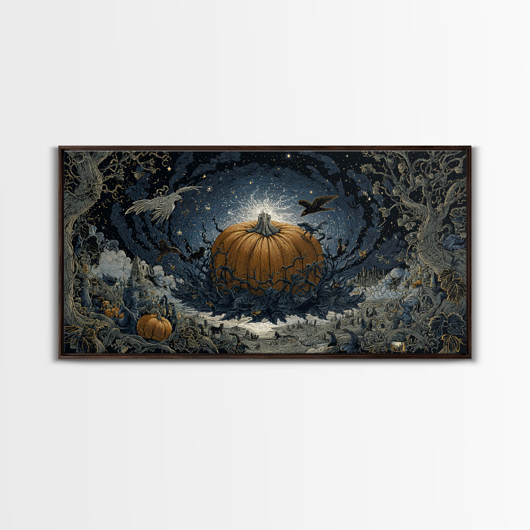 The Cosmic Pumpkin God, Romantic Gothic Landscape, Wide Panoramic Art, Macabre Wall Art, Framed Canvas Print, Halloween Wall Art