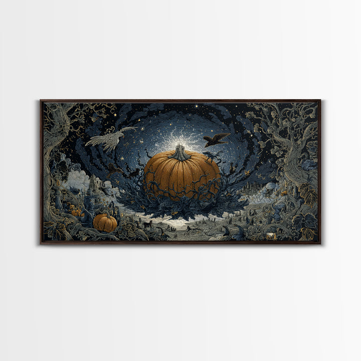 The Cosmic Pumpkin God, Romantic Gothic Landscape, Wide Panoramic Art, Macabre Wall Art, Framed Canvas Print, Halloween Wall Art