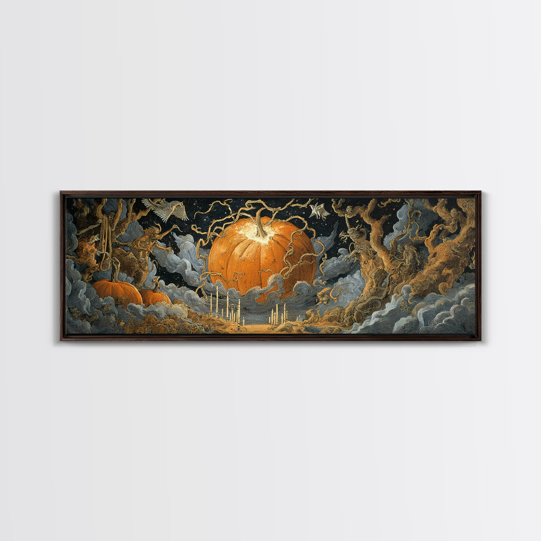 The Cosmic Pumpkin God, Symbolist Etching Art, Extra Wide Wall Art, Dark Halloween Decor, Framed Canvas Print, Halloween Wall Art