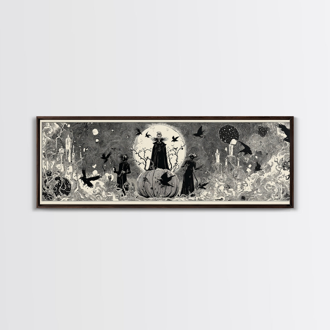The Cosmic Pumpkin God, Decadent Line Art, Extra Wide Wall Art, Gothic Horror Wall Art, Canvas Print, Halloween Wall Art