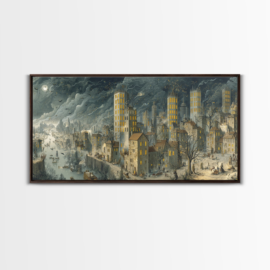 The Haunted City Skyline, Northern Renaissance Horror, Wide Panoramic Art, Gothic Horror Wall Art, Framed Canvas Print