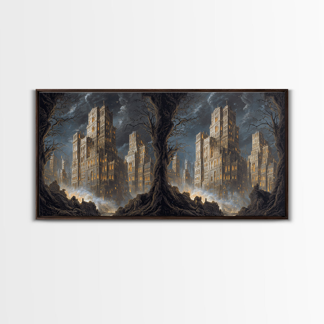 The Haunted City Skyline, Baroque Witchcraft Art, Wide Panoramic Art, Macabre Wall Art, Canvas Print, Halloween Wall Art