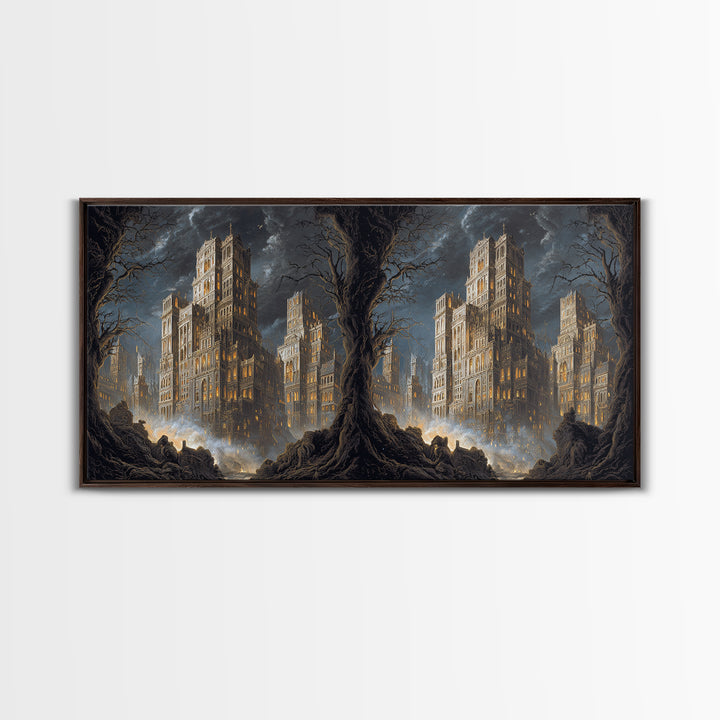 The Haunted City Skyline, Baroque Witchcraft Art, Wide Panoramic Art, Macabre Wall Art, Canvas Print, Halloween Wall Art