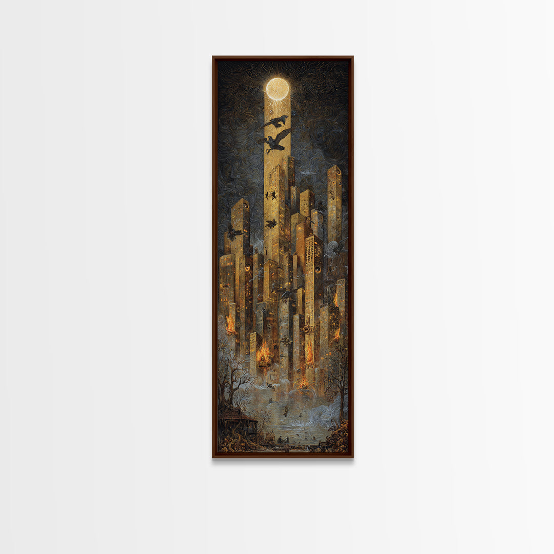 The Haunted City Skyline, Visionary Gothic Art, Tall Narrow Wall Art, Macabre Wall Art, Framed Canvas Print, Halloween Wall Art