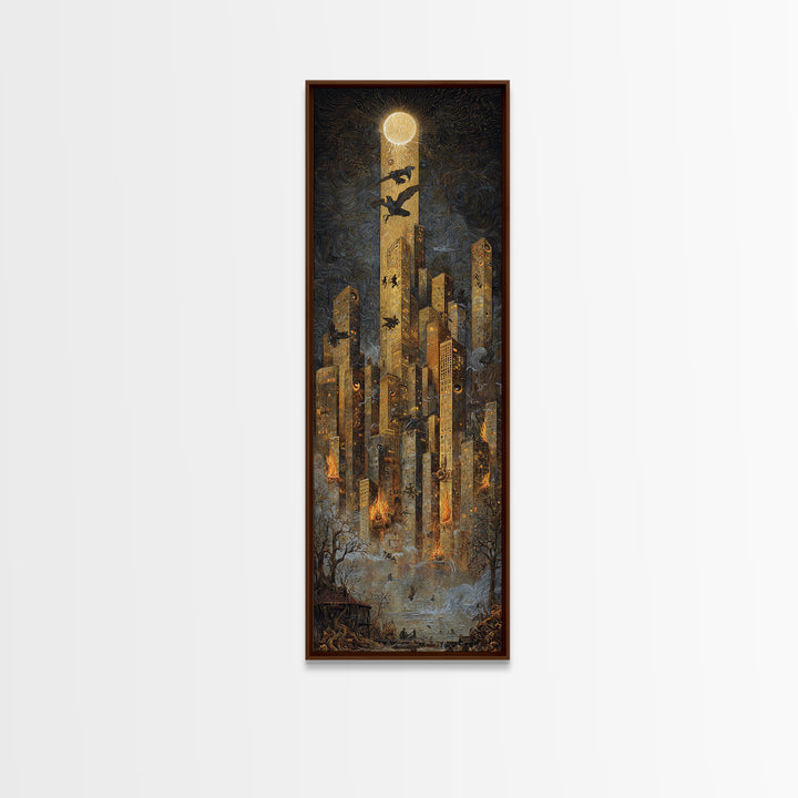 The Haunted City Skyline, Visionary Gothic Art, Tall Narrow Wall Art, Macabre Wall Art, Framed Canvas Print, Halloween Wall Art