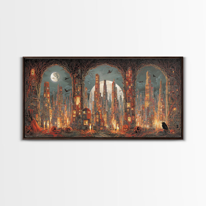 The Haunted City Skyline, Apocalyptic Romantic Art, Wide Panoramic Art, Macabre Wall Art, Canvas Print, Halloween Wall Art