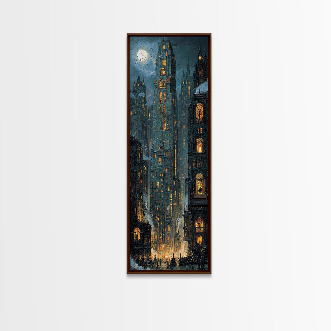The Haunted City Skyline, Ornate Symbolist Art, Tall Narrow Wall Art, Gothic Horror Wall Art, Framed Canvas Print, Halloween Wall Art