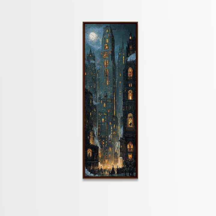 The Haunted City Skyline, Ornate Symbolist Art, Tall Narrow Wall Art, Gothic Horror Wall Art, Framed Canvas Print, Halloween Wall Art