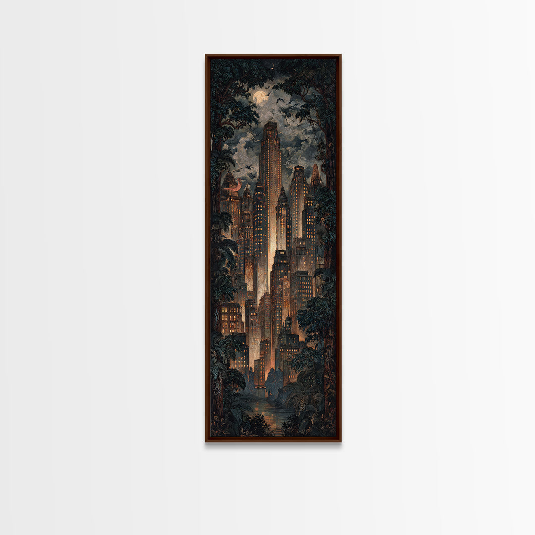 The Haunted City Skyline, Dark Symbolist Art, Tall Narrow Wall Art, Dark Fantasy Wall Art, Framed Canvas Print, Halloween Wall Art