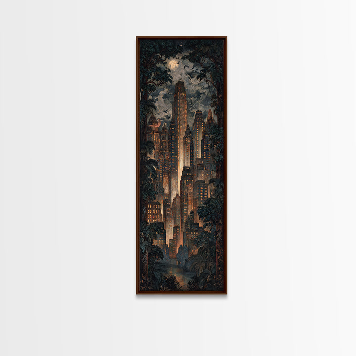 The Haunted City Skyline, Dark Symbolist Art, Tall Narrow Wall Art, Dark Fantasy Wall Art, Framed Canvas Print, Halloween Wall Art