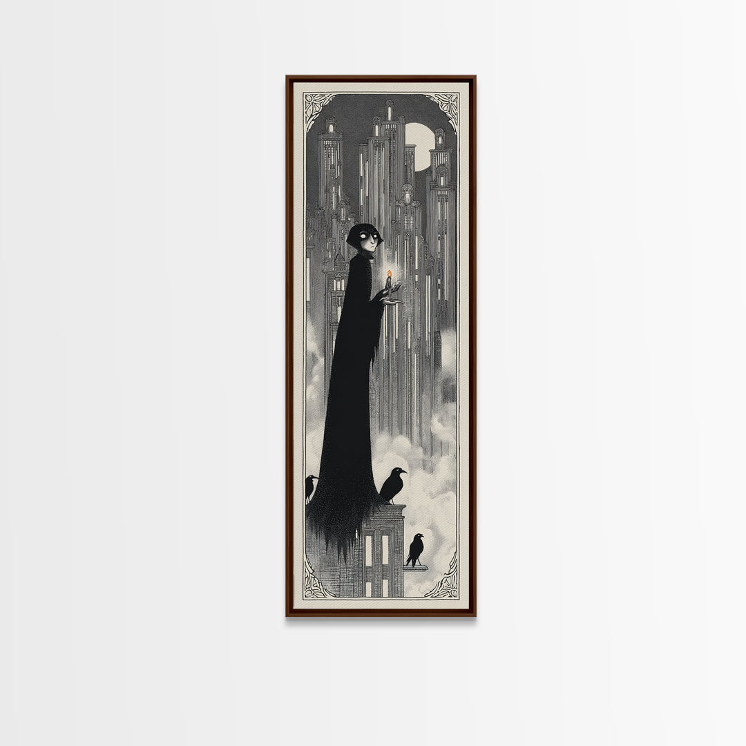 The Haunted City Skyline, Decadent Line Art, Tall Narrow Wall Art, Macabre Wall Art, Framed Canvas Print, Halloween Wall Art