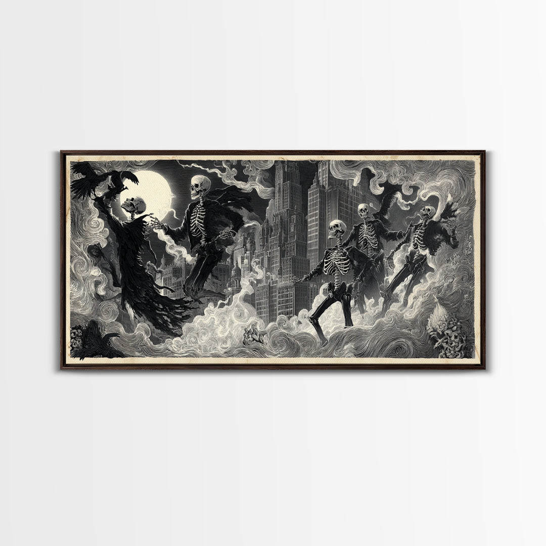 The Haunted City Skyline, Macabre Folk Print Art, Wide Panoramic Art, Gothic Horror Wall Art, Canvas Print, Halloween Wall Art