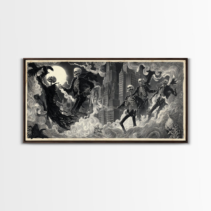 The Haunted City Skyline, Macabre Folk Print Art, Wide Panoramic Art, Gothic Horror Wall Art, Canvas Print, Halloween Wall Art