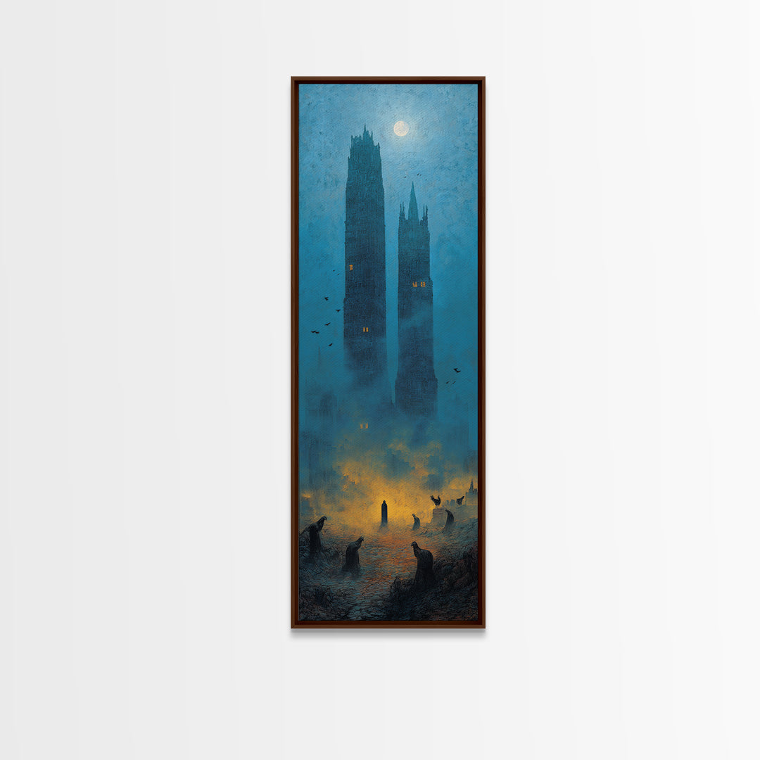 The Haunted City Skyline, Surreal Apocalyptic Art, Tall Narrow Wall Art, Dark Halloween Decor, Framed Canvas Print