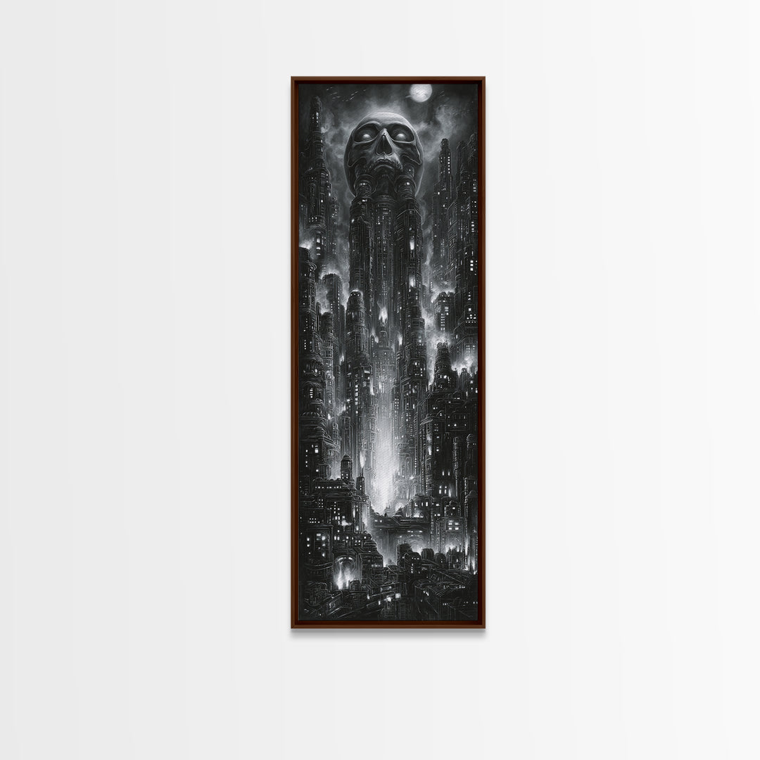 The Haunted City Skyline, Biomechanical Horror Art, Tall Narrow Wall Art, Dark Fantasy Wall Art, Canvas Print, Halloween Wall Art