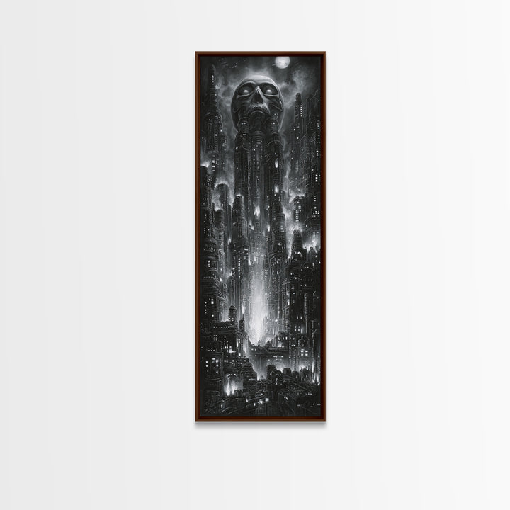 The Haunted City Skyline, Biomechanical Horror Art, Tall Narrow Wall Art, Dark Fantasy Wall Art, Canvas Print, Halloween Wall Art