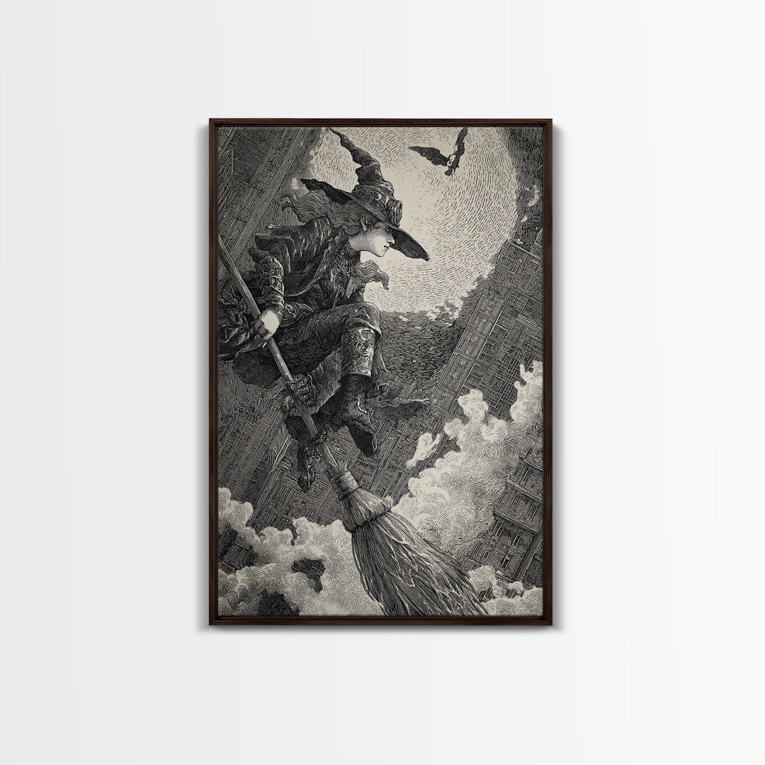 The Cyberpunk Witch, Renaissance Engraving Art, Vertical Wall Art, Dark Fantasy Wall Art, Framed Canvas Print, Halloween Wall Art