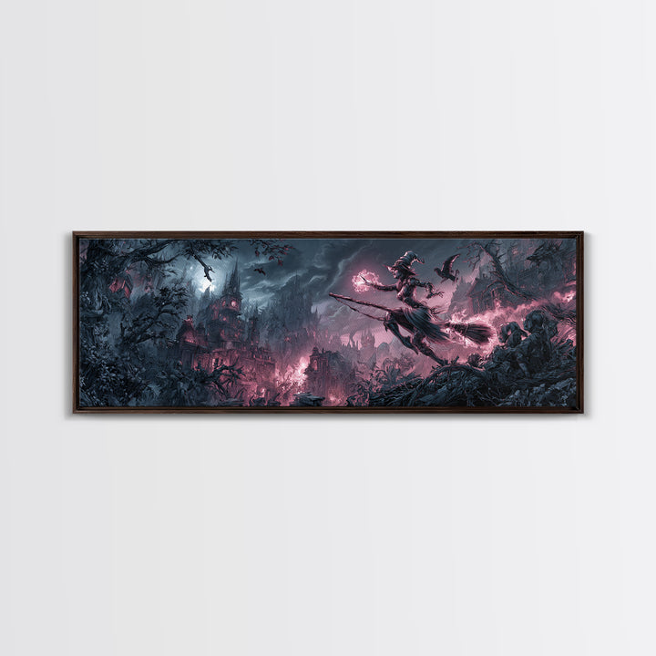 The Cyberpunk Witch, Baroque Witchcraft Art, Extra Wide Wall Art, Dark Halloween Decor, Framed Canvas Print, Halloween Wall Art